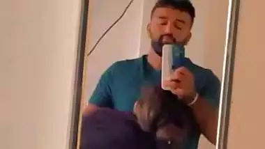 Hot wife boob sucking by husband in front of mirror